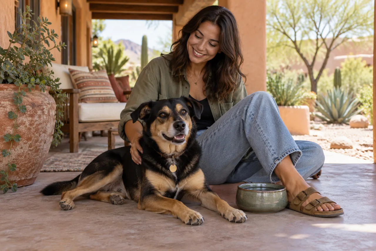 Owner seated outside with a dog beside her